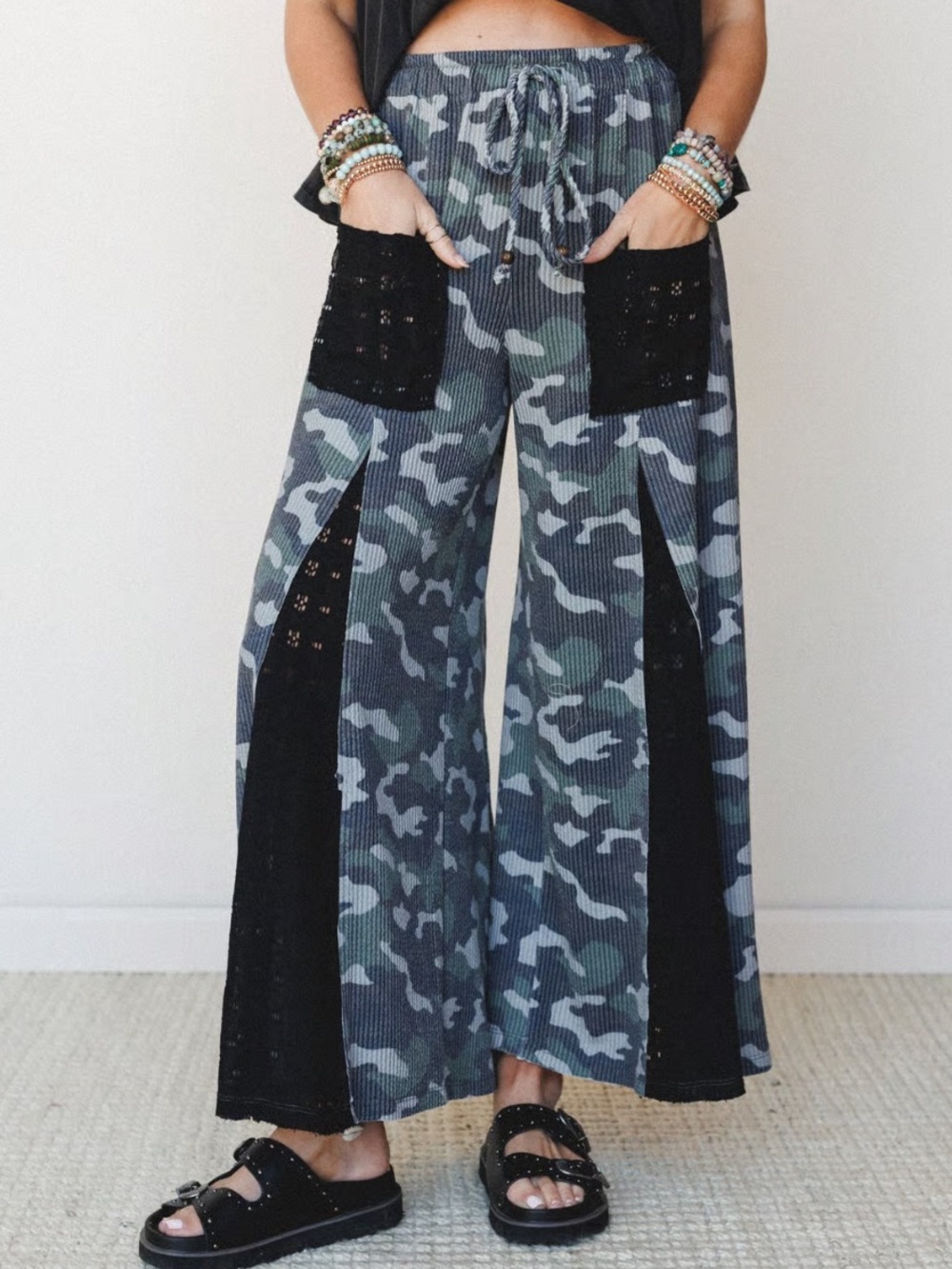 NWT Three Bird Nest Let’s Party Wide Leg Pants in Army Black Sz M Lace Camo